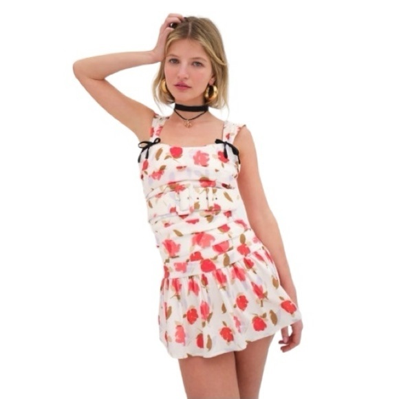 For Love And Lemons Dresses & Skirts - For Love & Lemons White Mini Dress with Pink & Brown Floral Print